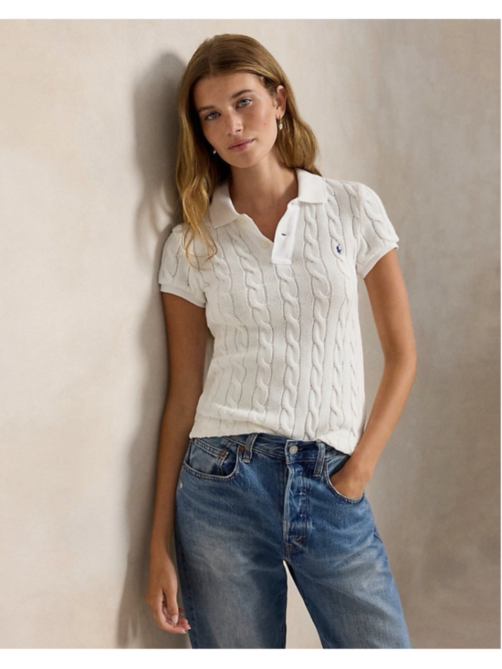 Polo Ralph Lauren Womens Cable Knit Polo Shirt White Small EUC Preppy Tennis